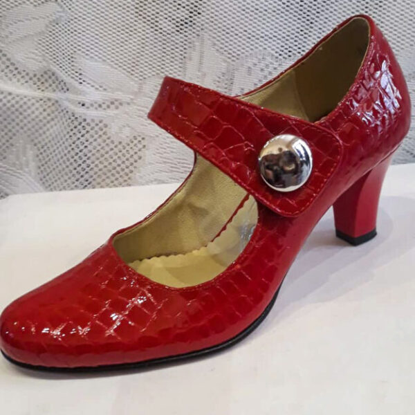 Pantofi damă,din piele,lacuita, culoare roșie cu model,cu bareta,toc de 5 cm,marimi:35,36,37,38,39,40,41